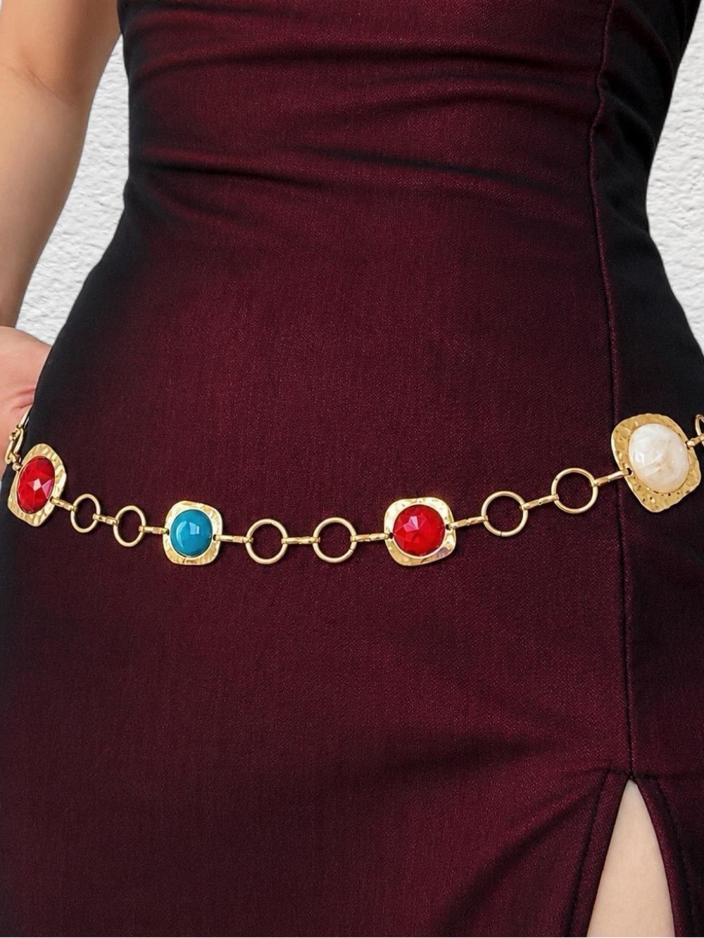 Gold Colorful Faux Gemstone Rhinestone Asymmetrical Western Bohemian Body Chain